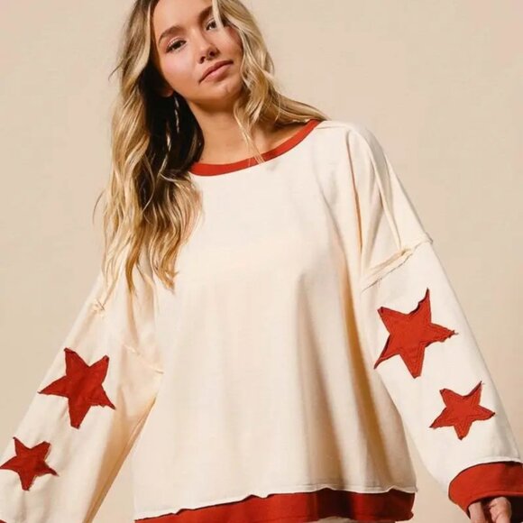 Drop Sleeve Star Patch Pullover Sweatshirt Top - Picture 4 of 4